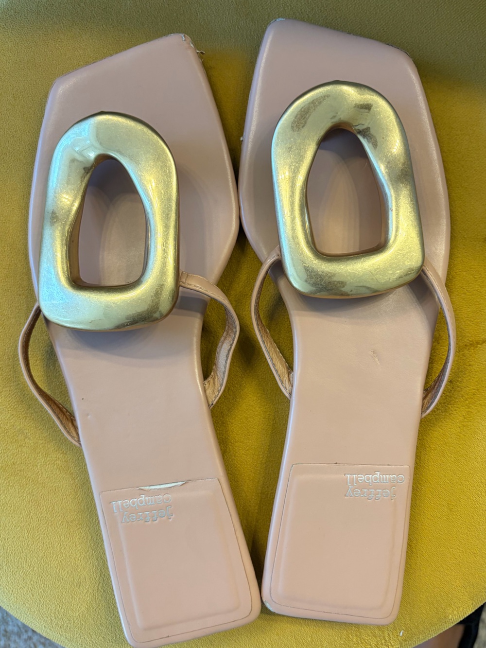 Jeffrey Campbell Beige Slide Sandals with Gold Accent Hardware